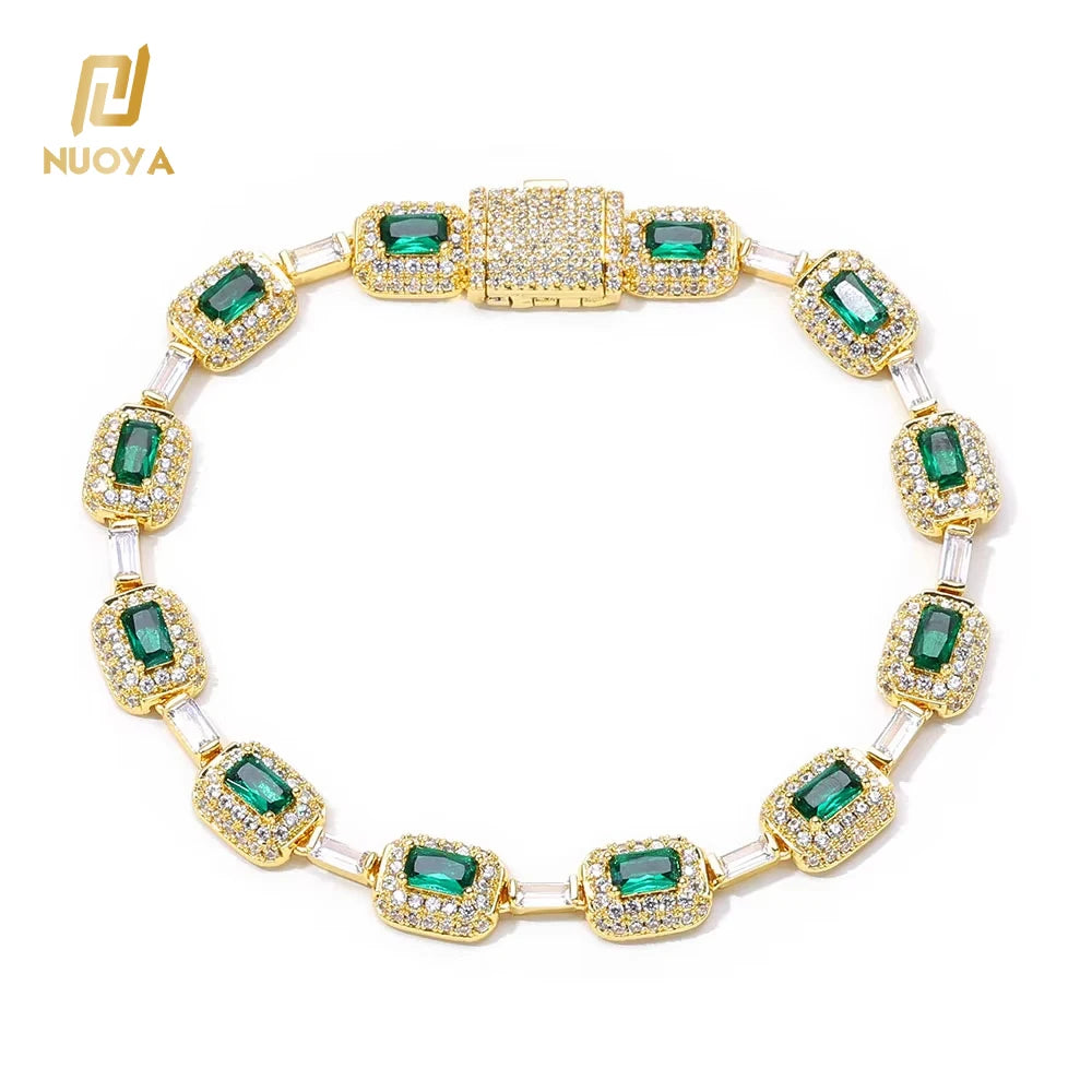 NUOYA Trendy men's Jewelry Silver Plated Green Baguette Diamond Chain Bracelet Micro Pave Emerald Zircon Fashion Bracelet