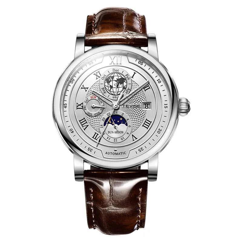 2025 TEVISE Top Brand Luxury Leather Watch For Men Business Waterproof Mens Mechanical Watches Moon Phase Automatic Wristwatch