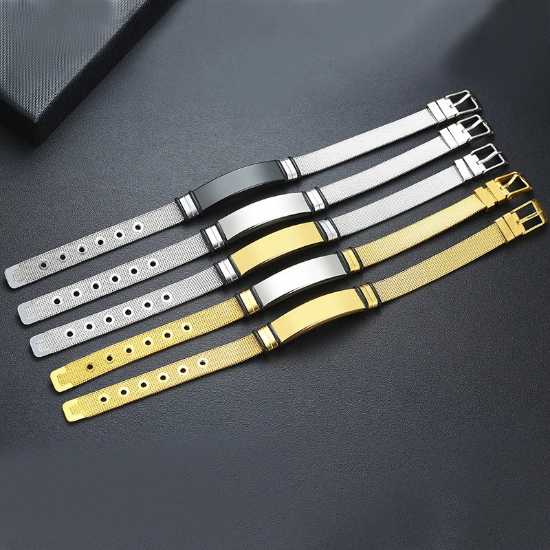 MESH BRACELET FOR MEN WOMEN SILVER STAINLESS STEEL METAL ADJUSTABLE ENGRAVABLE UNISEX BRACELETS