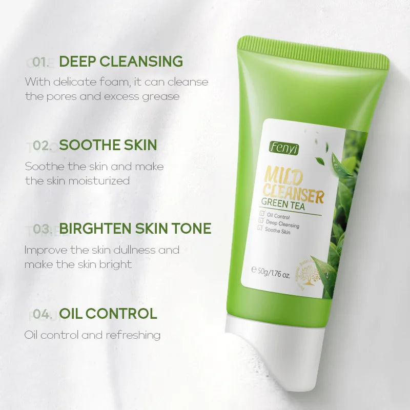 50g Green Tea Facial Cleanser Natural Plants Deep Cleansing Oil-Control Moisturizing Brighten Soften Skin Dense Foam Skin Care