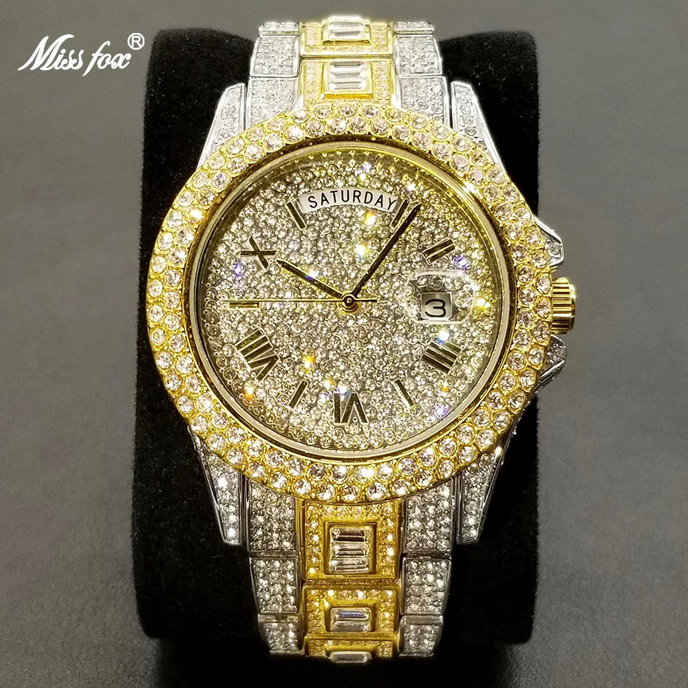 Full Iced Out Watch For Men Luxury Gold Hip Hop Diamond Quartz Mens Watches Waterproof Day Date Clock Best Selling Product 2023