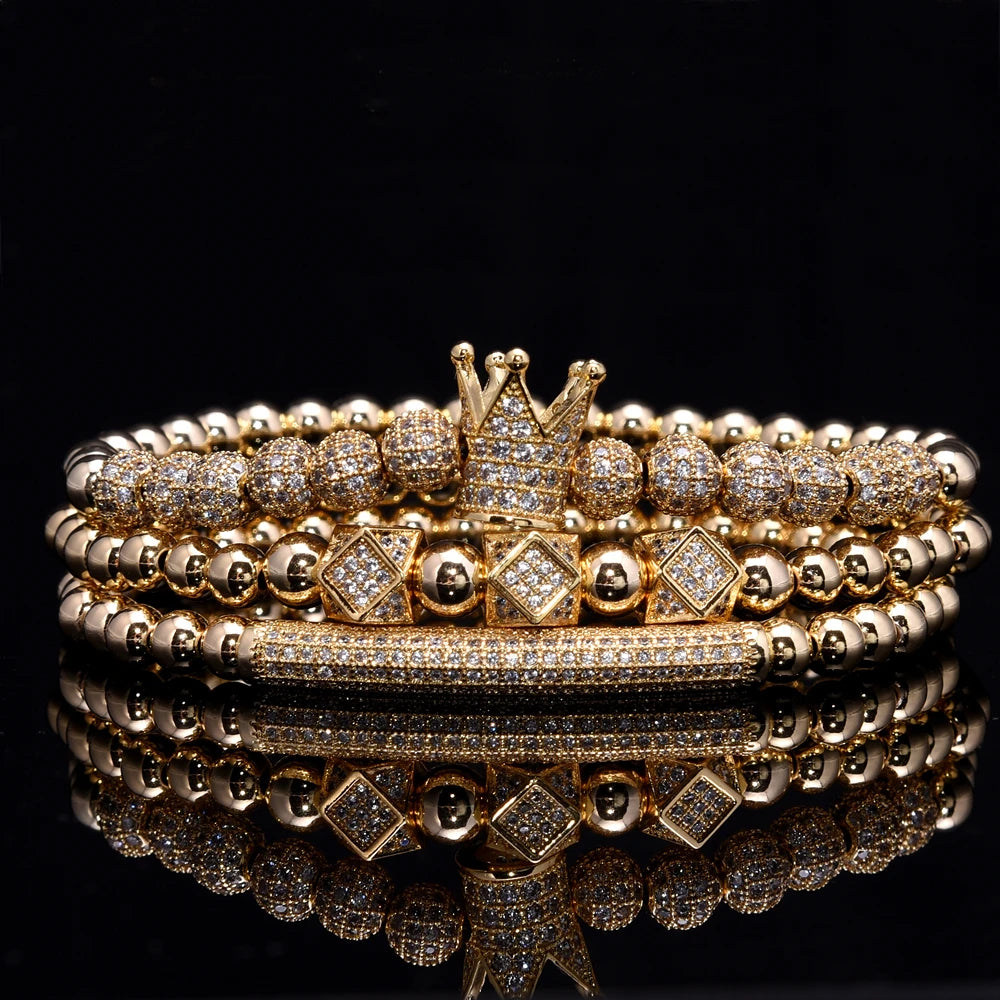 3pcs/Set Luxury Royal King Crown Dice Charm CZ Ball Elastic Bracelet Mens Fashion Bracelets & Bangles Women Jewelry