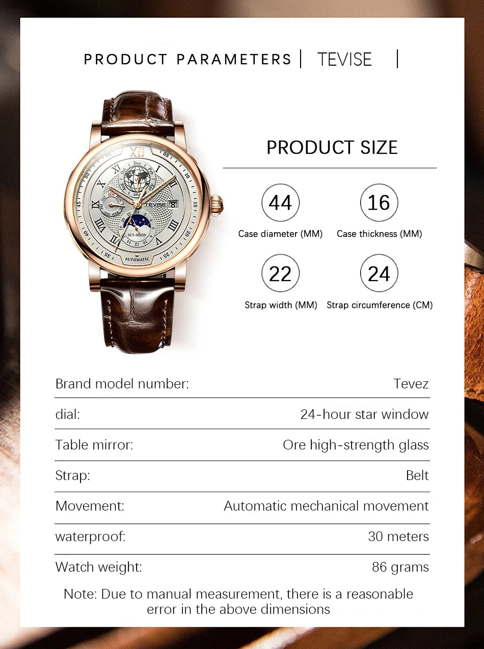 2025 TEVISE Top Brand Luxury Leather Watch For Men Business Waterproof Mens Mechanical Watches Moon Phase Automatic Wristwatch