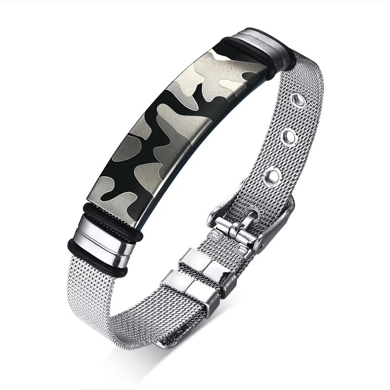 MESH BRACELET FOR MEN WOMEN SILVER STAINLESS STEEL METAL ADJUSTABLE ENGRAVABLE UNISEX BRACELETS