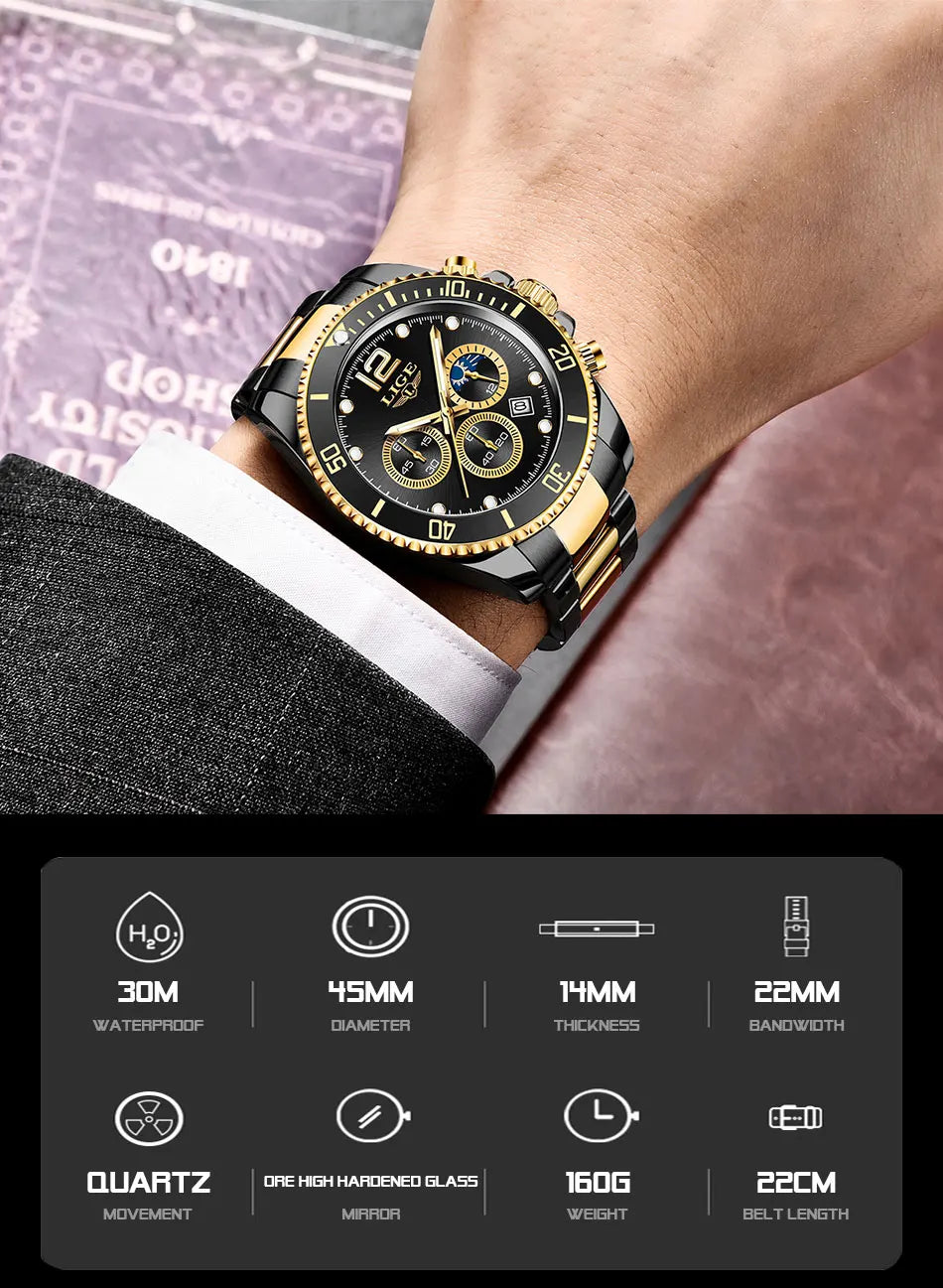 Mens Watches LIGE Top Brand Luxury Watch for Men Waterproof Sports Stainless Chronograph Quartz Wristwatch Relogio Masculino+Box