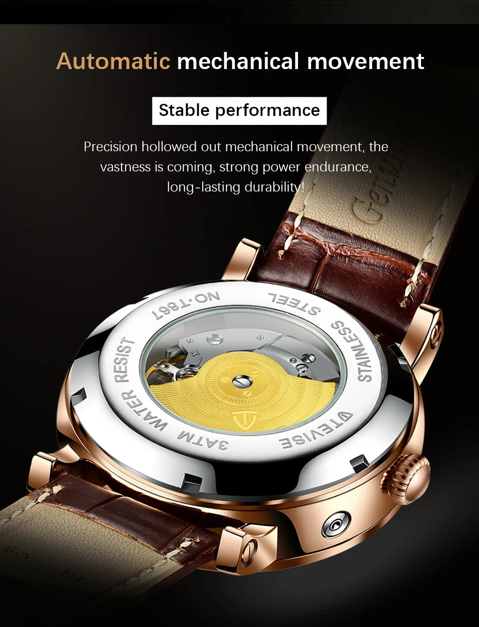 2025 TEVISE Top Brand Luxury Leather Watch For Men Business Waterproof Mens Mechanical Watches Moon Phase Automatic Wristwatch
