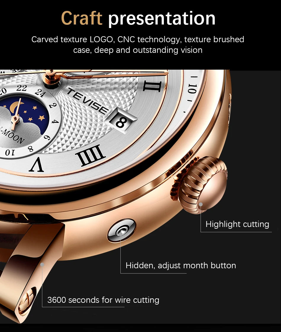 2025 TEVISE Top Brand Luxury Leather Watch For Men Business Waterproof Mens Mechanical Watches Moon Phase Automatic Wristwatch
