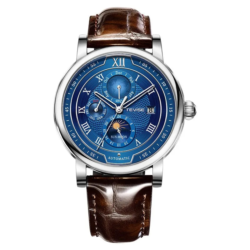 2025 TEVISE Top Brand Luxury Leather Watch For Men Business Waterproof Mens Mechanical Watches Moon Phase Automatic Wristwatch