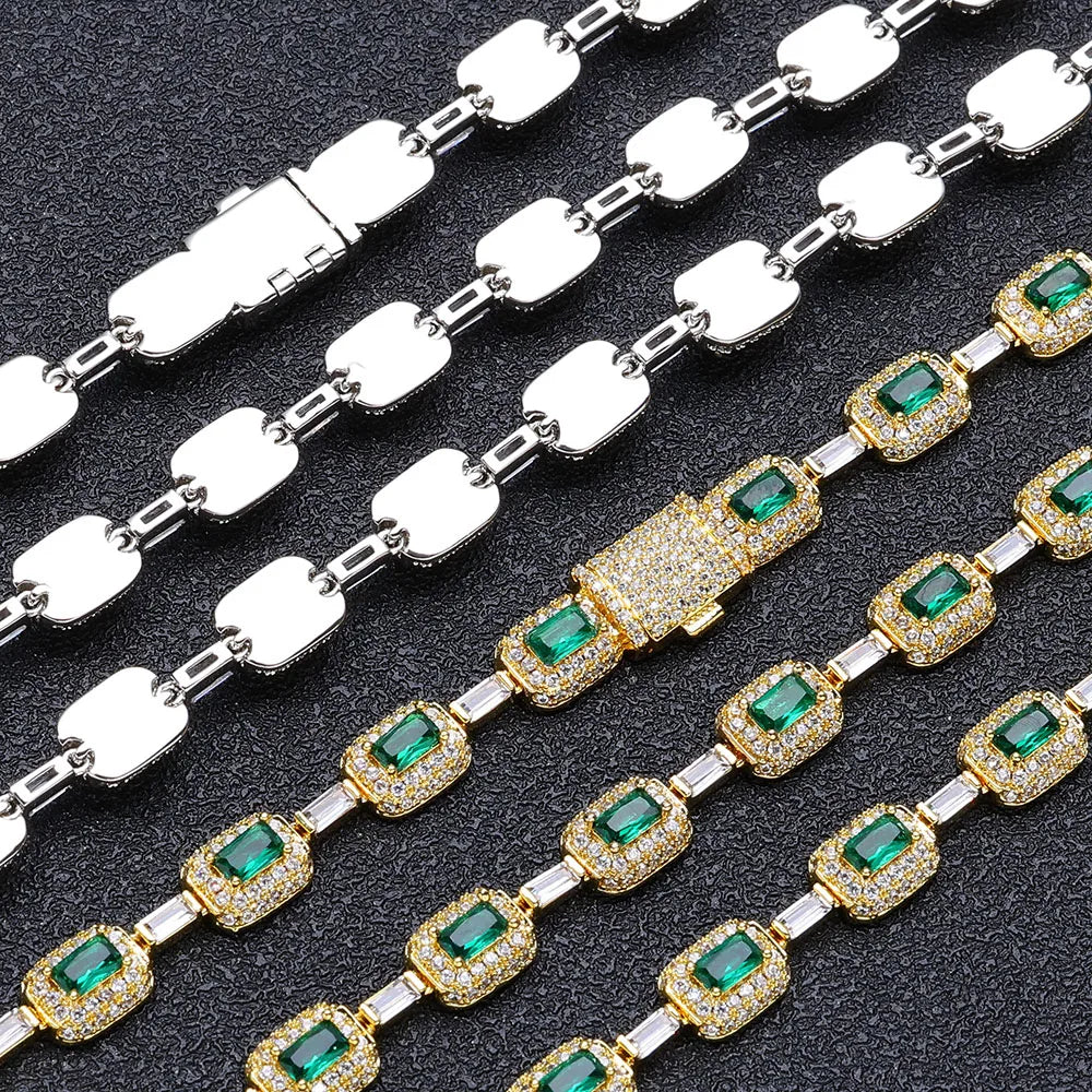 NUOYA Trendy men's Jewelry Silver Plated Green Baguette Diamond Chain Bracelet Micro Pave Emerald Zircon Fashion Bracelet