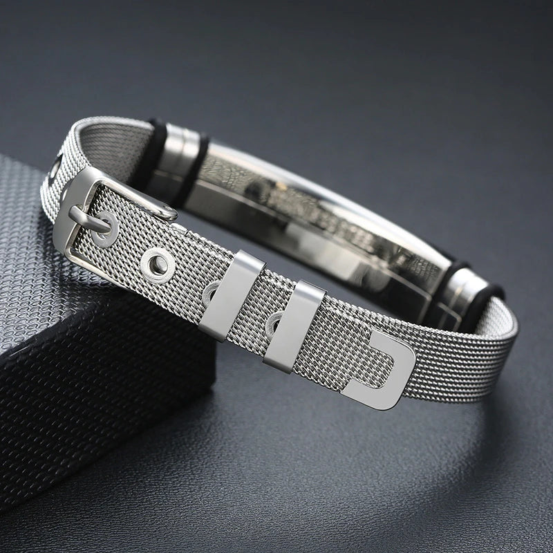 MESH BRACELET FOR MEN WOMEN SILVER STAINLESS STEEL METAL ADJUSTABLE ENGRAVABLE UNISEX BRACELETS