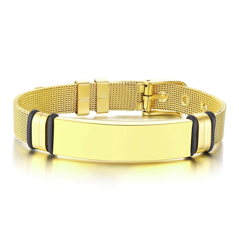 MESH BRACELET FOR MEN WOMEN SILVER STAINLESS STEEL METAL ADJUSTABLE ENGRAVABLE UNISEX BRACELETS