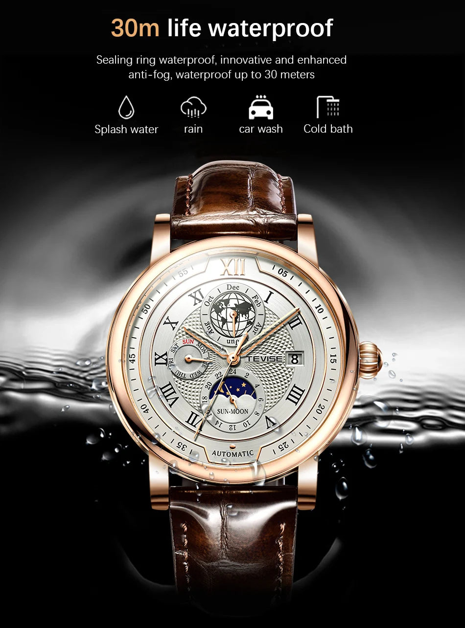 2025 TEVISE Top Brand Luxury Leather Watch For Men Business Waterproof Mens Mechanical Watches Moon Phase Automatic Wristwatch