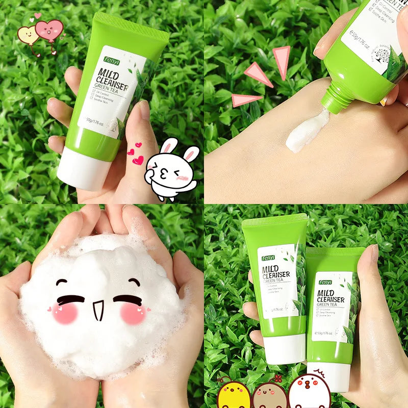 50g Green Tea Facial Cleanser Natural Plants Deep Cleansing Oil-Control Moisturizing Brighten Soften Skin Dense Foam Skin Care