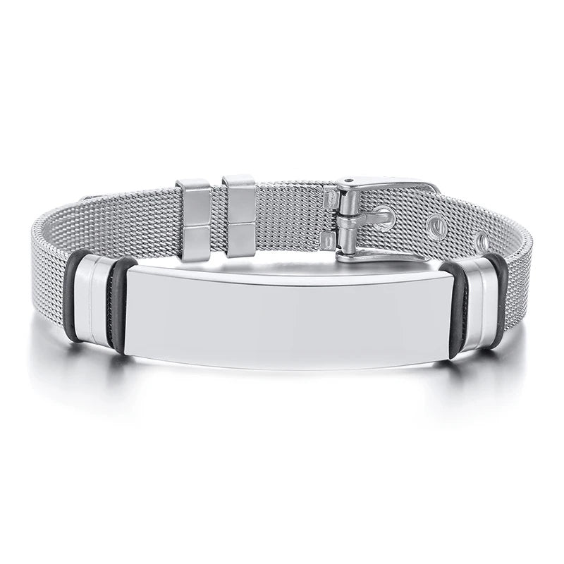 MESH BRACELET FOR MEN WOMEN SILVER STAINLESS STEEL METAL ADJUSTABLE ENGRAVABLE UNISEX BRACELETS