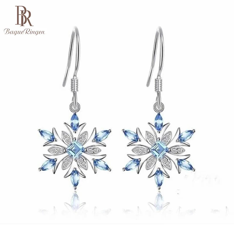 Bague Ringen Earrings for Women Charms Female Fashion Jewelry Artificial Aquamarine Snowflake Ear drops Blue Gemstones Party