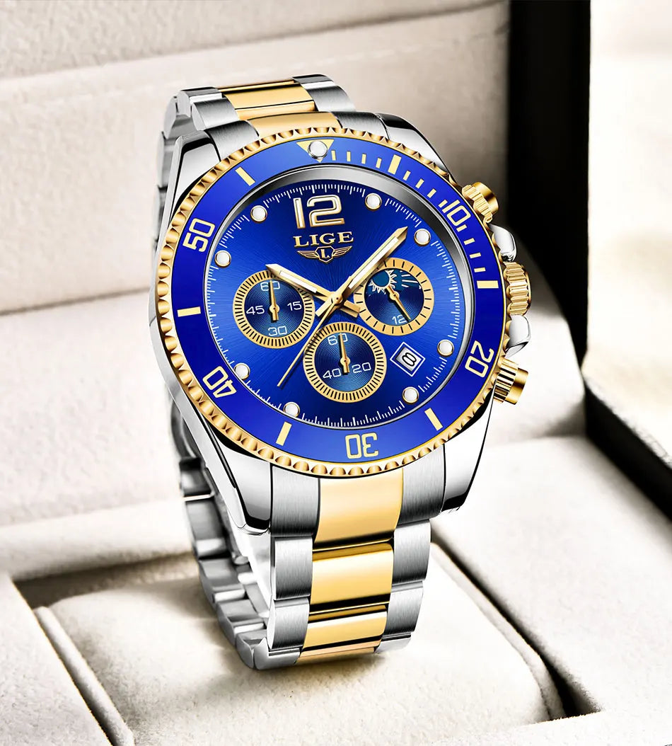 Mens Watches LIGE Top Brand Luxury Watch for Men Waterproof Sports Stainless Chronograph Quartz Wristwatch Relogio Masculino+Box