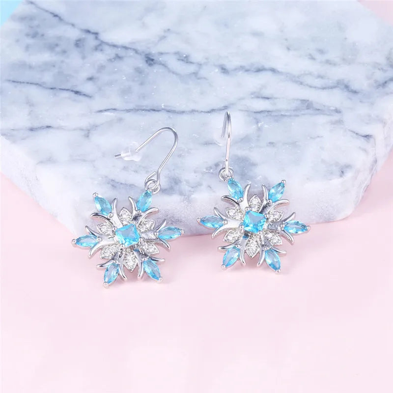 Bague Ringen Earrings for Women Charms Female Fashion Jewelry Artificial Aquamarine Snowflake Ear drops Blue Gemstones Party
