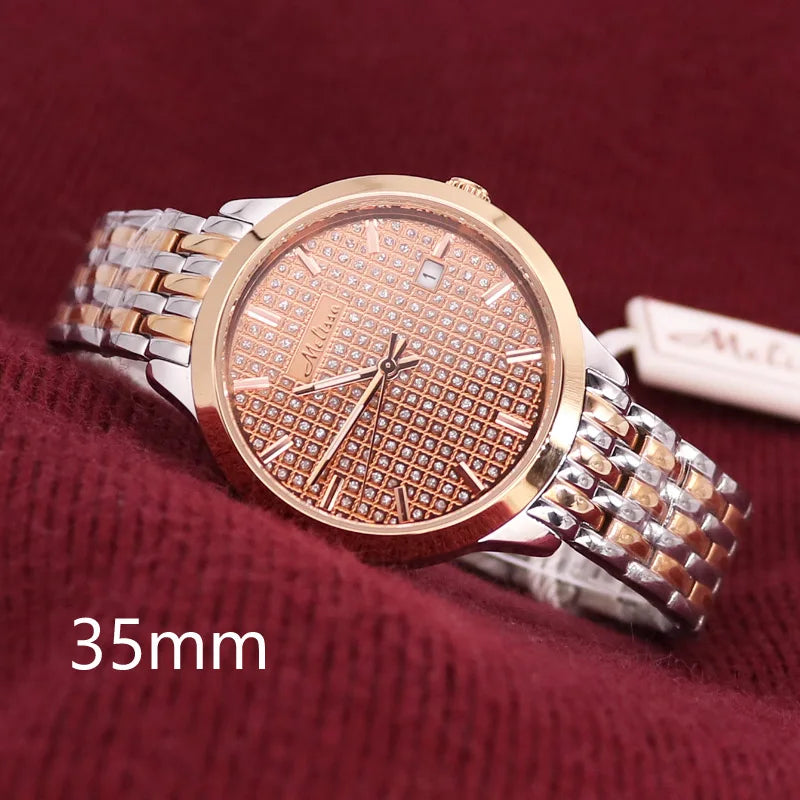 Luxury Melissa Auto Date Men's Watch Women's Watch Elegant Rhinestone Large Hours Crystal Clock Girl's Birthday Gift Box