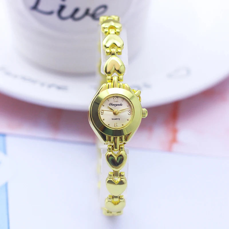 Luxury Woman Lady Gold Love Pendant Bangle Bracelet Wristwatches Young Female Girls Fashion Waterproof Gifts Thin Strap Watches