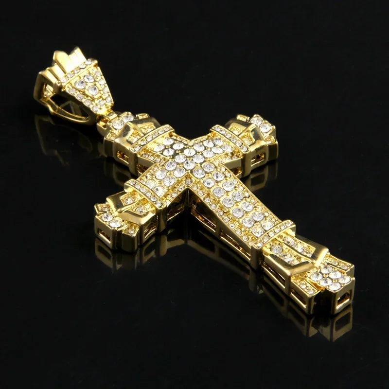 Mens Jewellery Cross Necklace Chain for Men Stainless Steel Necklace Men Hip Hop Jewelry Rhinestone Religious Pendant Collares
