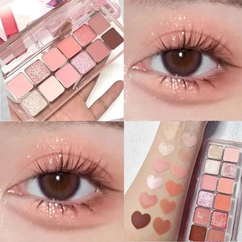 12 Colors Pink Eye Shadow Pallete Clear Glitter Pearl ,Girl Beginner Makeup Nude Eyeshadow Low Saturation Korean Cosmetics