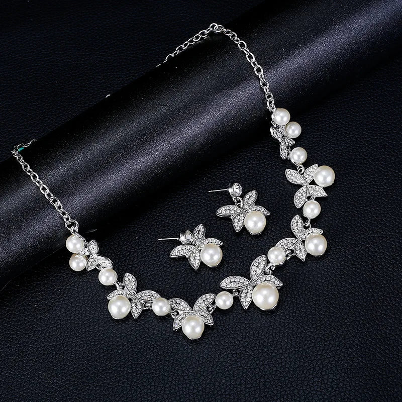 3PCS Wedding Jewellery Necklace Set Pearl Earrings Women Head Accessories Bridal Rhinestones Necklace Sets