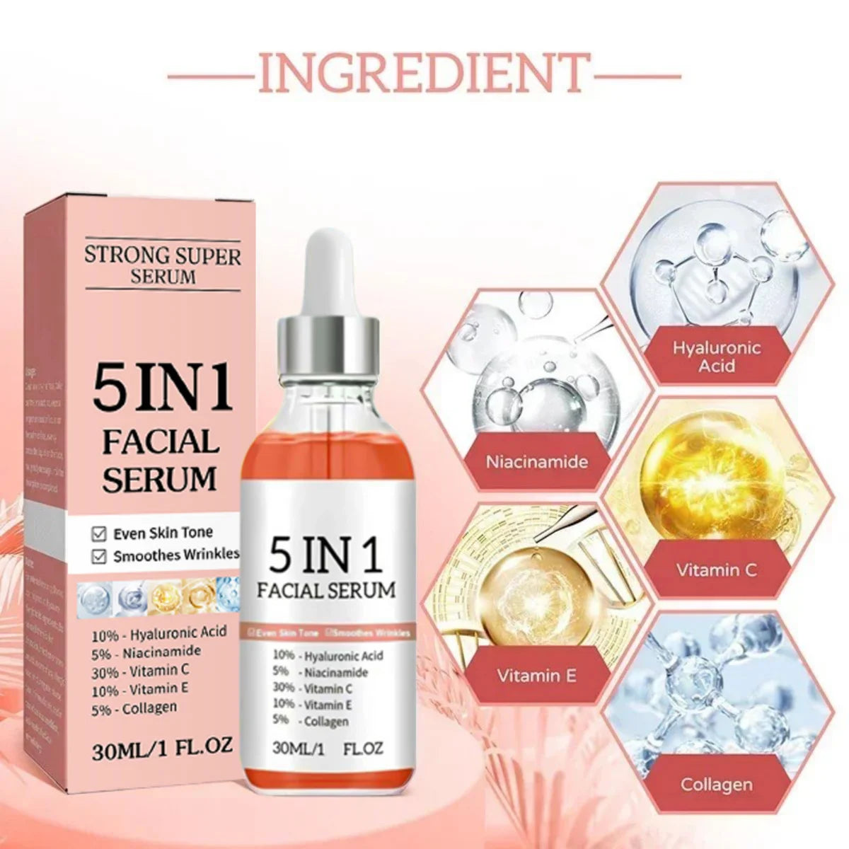 5 In 1 Fade fine lines Firming Face Serum Moisturizing brightning Vitamin C Hyaluronic Acid Facial Serum Shrink Pores Skin Care
