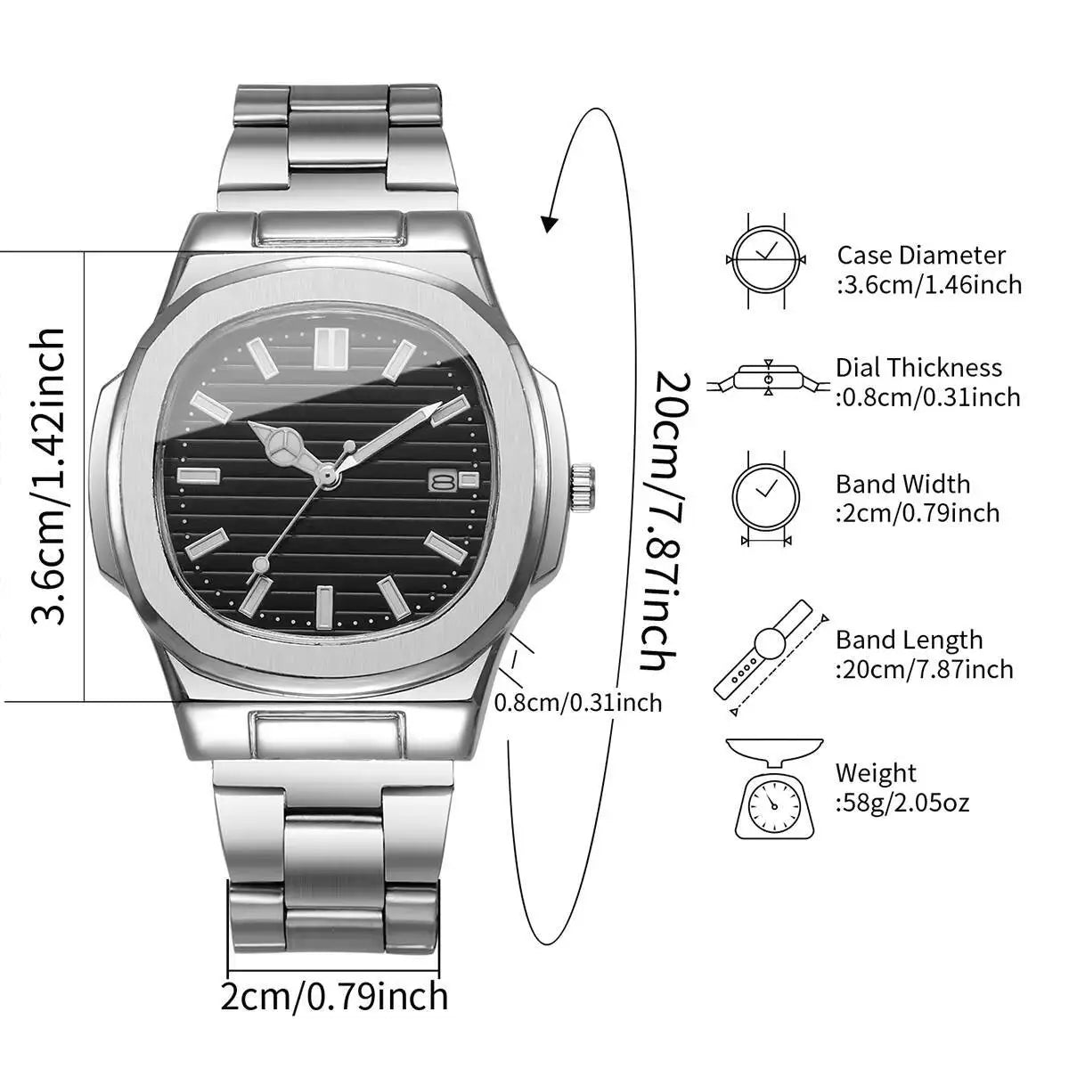 Luxury Men Business Watches Fashion Square Dial Stainless Steel Strap Quartz Watch with Calendar For Mens Clock(Without Box)