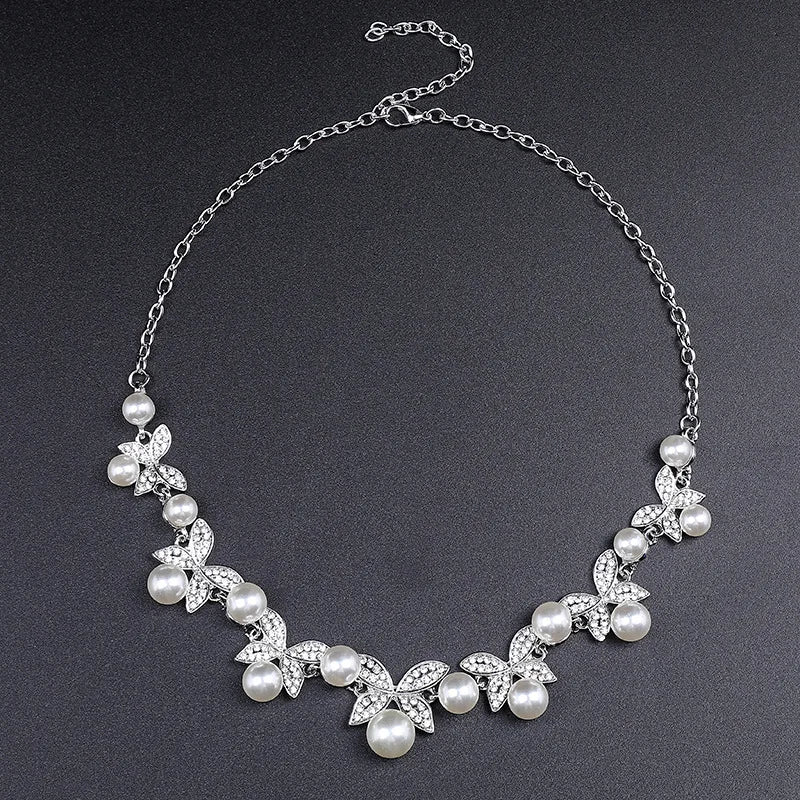 3PCS Wedding Jewellery Necklace Set Pearl Earrings Women Head Accessories Bridal Rhinestones Necklace Sets