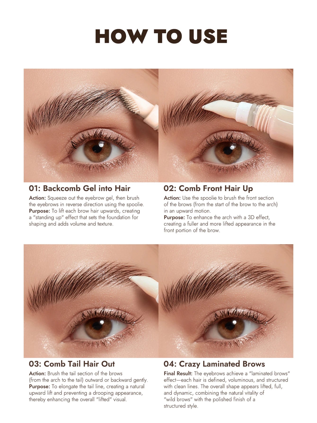Clear Eyebrow Gel – Lightweight, non-flaky formula with micro comb applicator for even coverage, natural texture, and perfect br