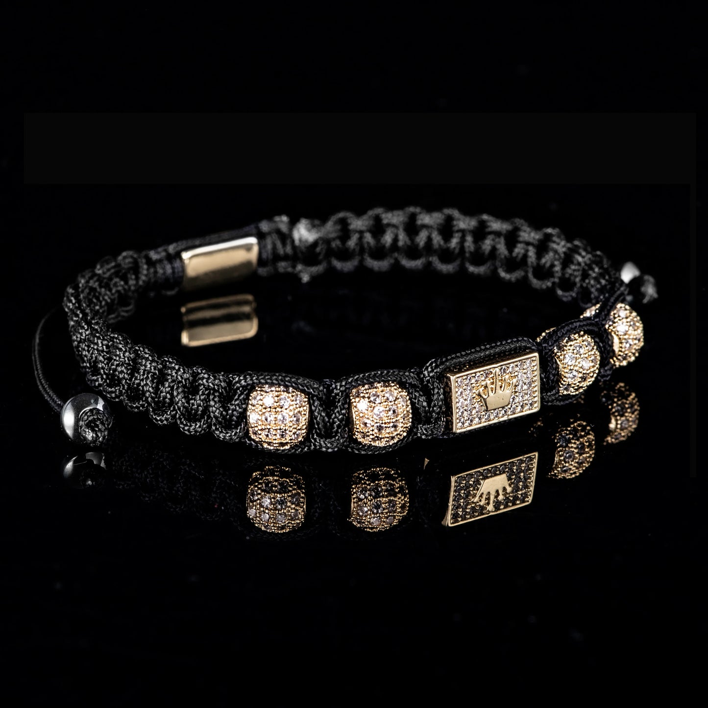 New Men's Adjustable Black Braided Crown Design Bracelet with Sparkling Synthetic Zirconia Stones Elegant GoldenTone Rectangular