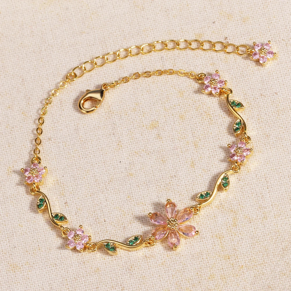 Luxury Pink Zircon Flower Bracelet For Women Girls Sweet Gold Color Crystal Adjustable Bracelet Jewelry Gift