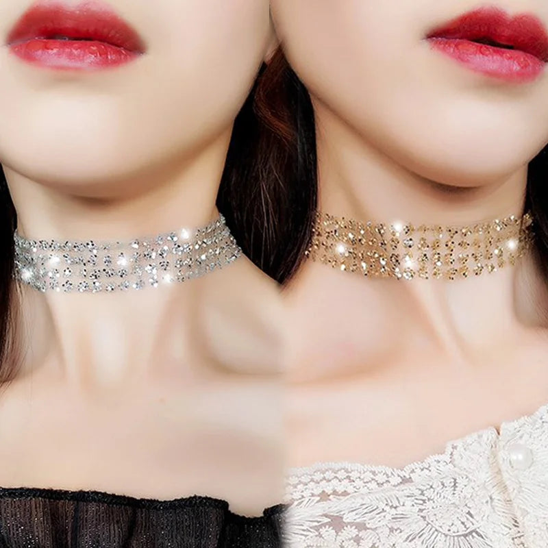 Sexy Wide Metal Collar Choker Necklaces for Women Lace Shiny Sequin Neck Necklace Chain Collars Necklace Elegant Party Jewelry