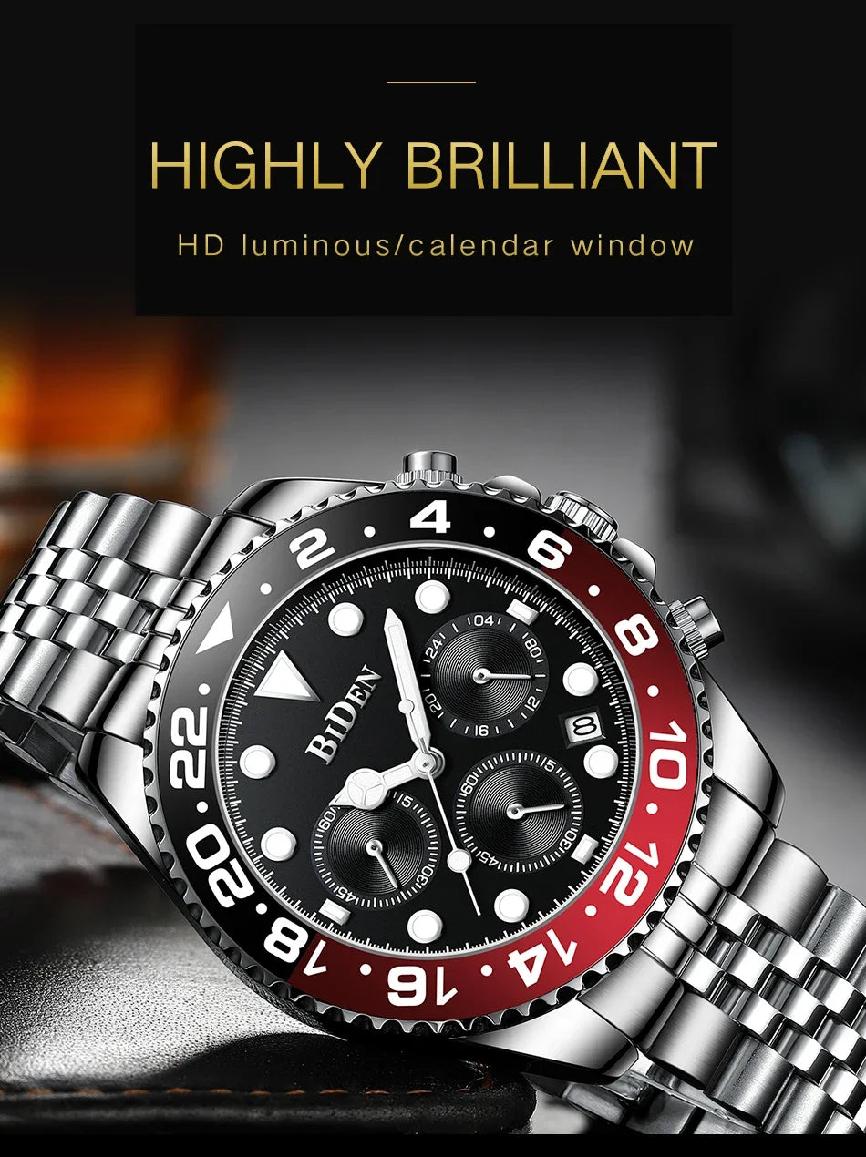 Brand Men's Watches Are High-end Lightweight Luxurious Round Multifunctional Quartz Watches with Solid Steel Straps for Dail