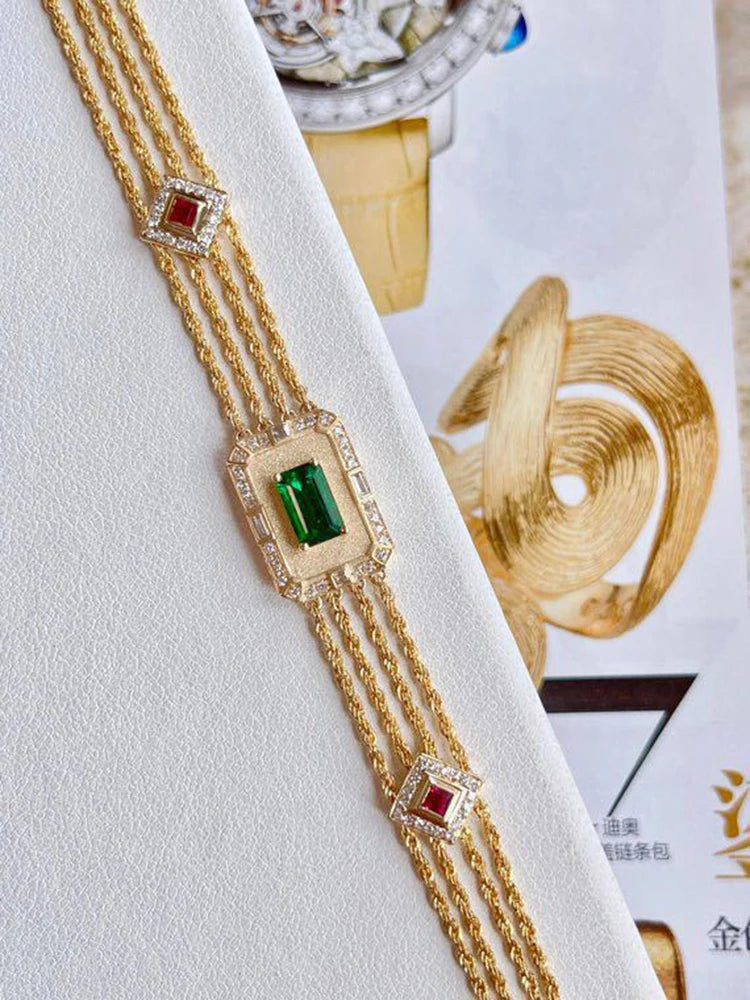 Luxury Vintage Emerald Bracelets For Women Zircon Charm Four-layers Golden Chain Bracelet Exquisite Jewelry Mother's Day Gifts