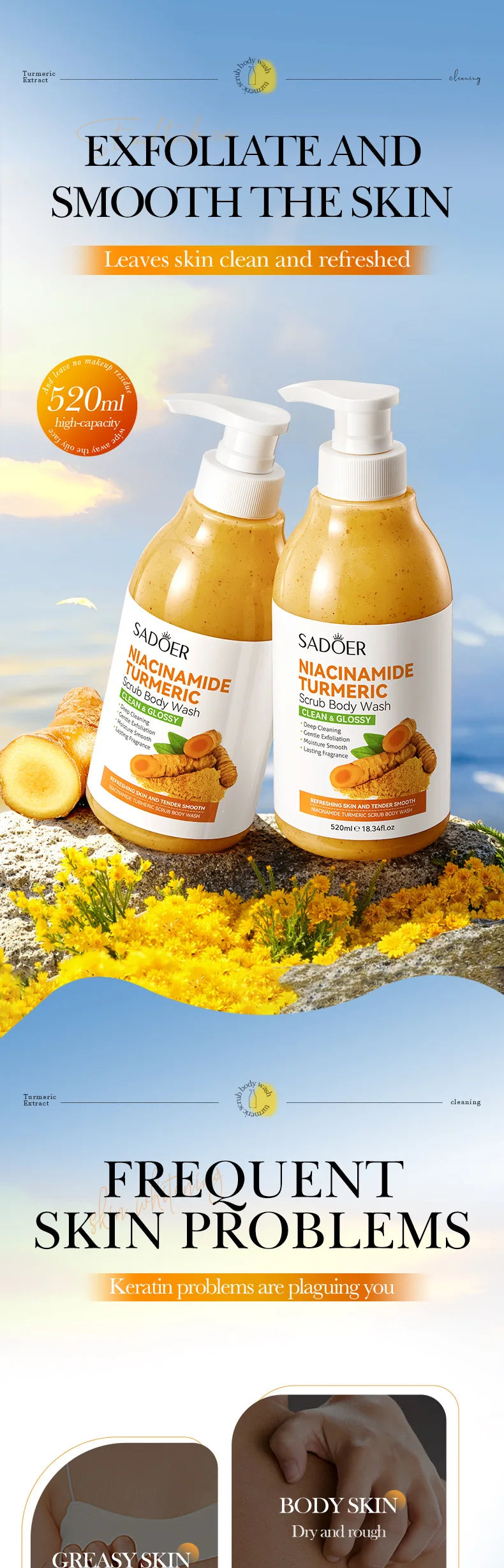 Turmeric Scrub Shower Gel 520ml Niacinamide Cleansing Lightening Dark Underarm Leg Body Cleansers Brightening body Tender Skin