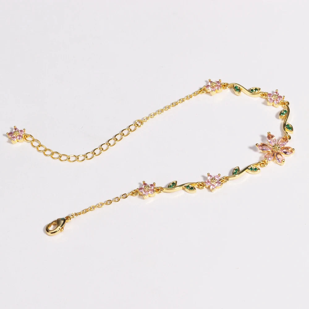 Luxury Pink Zircon Flower Bracelet For Women Girls Sweet Gold Color Crystal Adjustable Bracelet Jewelry Gift