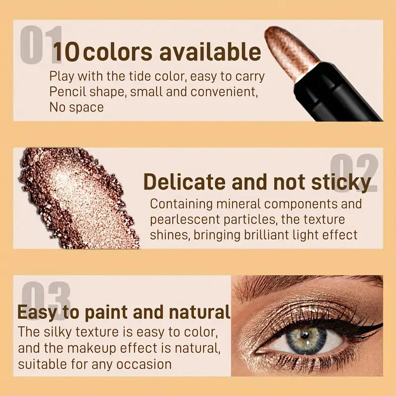 10pcs Pearlescent Eyeshadow Sticks High Pigmented Eyeshadow Pencil Glitter Waterproof Long-Lasting Eye Makeup Non-Smudged