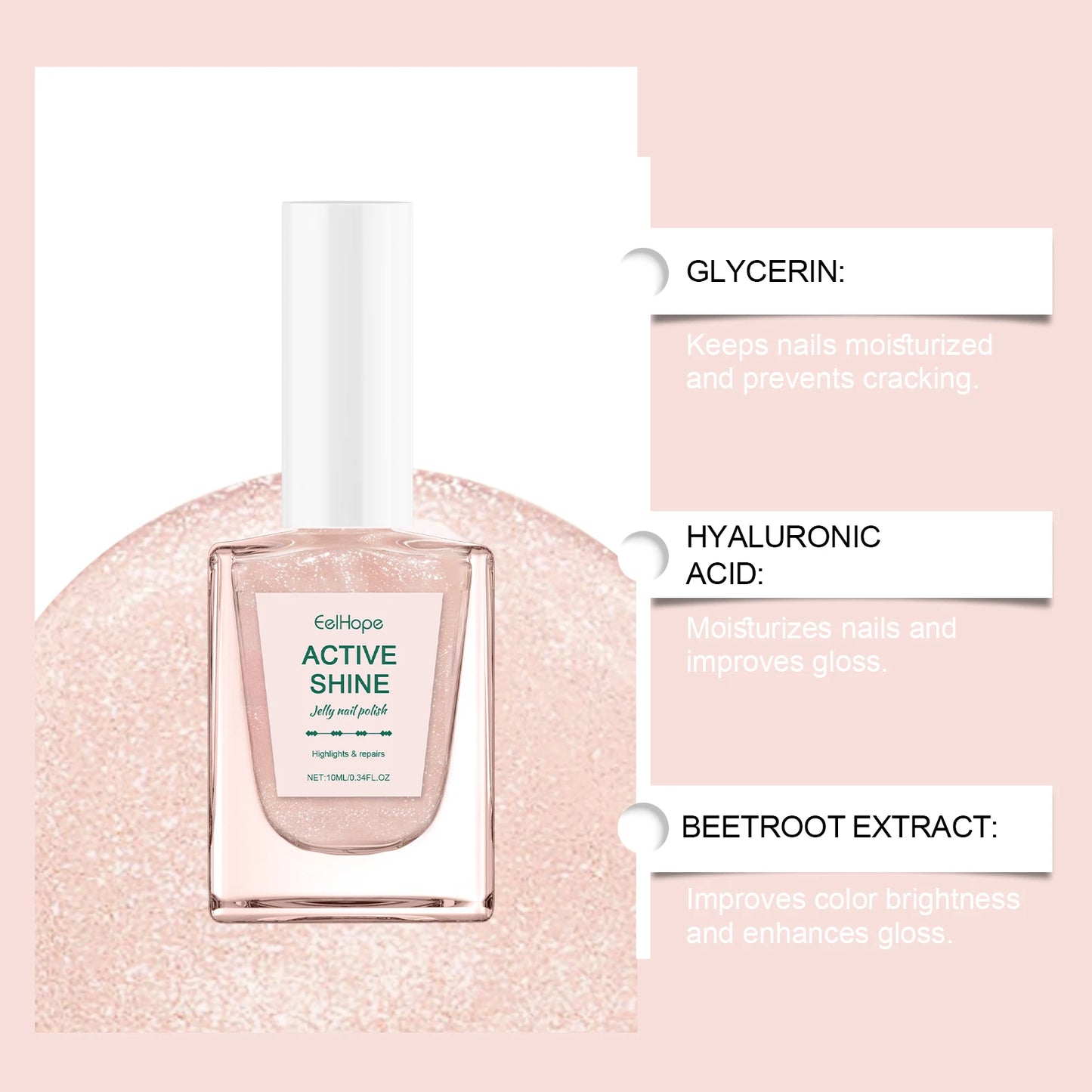 Jelly Nail Polish - Transparent Pink Water-Based Nail Polish, Autumn & Winter Shade, Skin-Whitening, Fine Glitter, Girly Pink