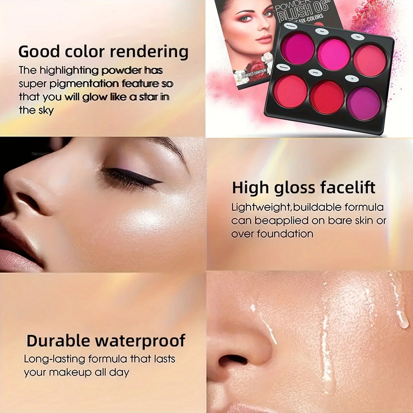 6-color blush palette, natural-toned eye shadow palette, and matte blush palette. Light and breathable, suitable for cheek and e