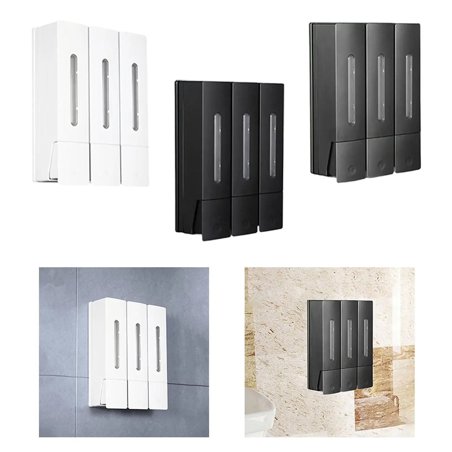 Three Chamber Wall-Mounted Dispenser for Shampoo and Conditioner in Bathrooms