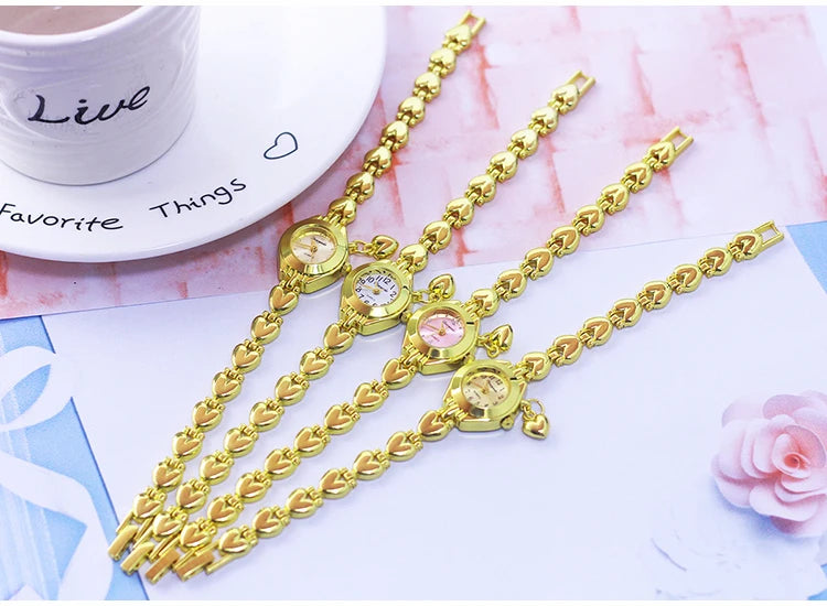 Luxury Woman Lady Gold Love Pendant Bangle Bracelet Wristwatches Young Female Girls Fashion Waterproof Gifts Thin Strap Watches
