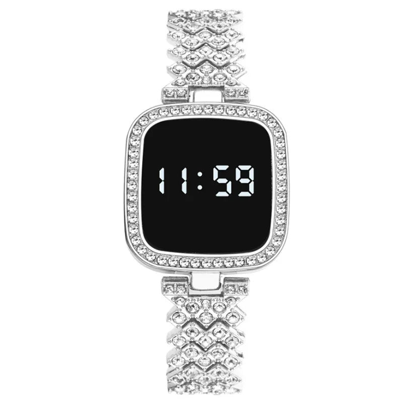 Luxury Rhinestone Digital Watch for Women Simple Touch Screen LED Watch Fashion Steel Strap Rose Gold Ladies Watch Reloj Mujer
