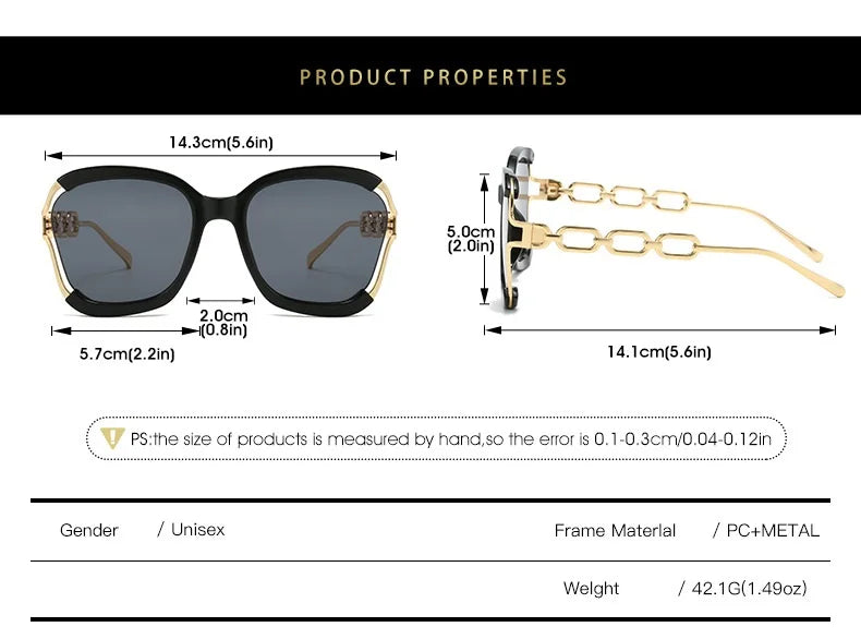 Luxury Square Sunglasses Women UV400 Retro Brand Chain Metal Frame Shades Summer Sun Glasses for Female