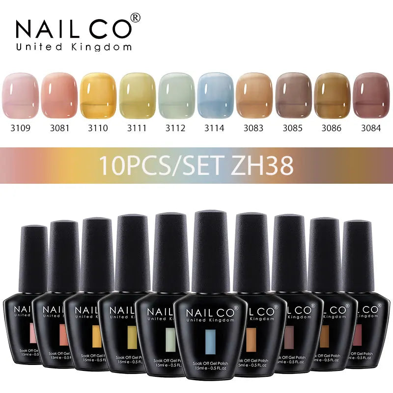 NAILCO 10PCS/Set Gel Nail Polish Gorgeous Full Coverage Semi Permanent Soak Off UV LED Gel Nail Art Base Top Coat Gel Polish Kit