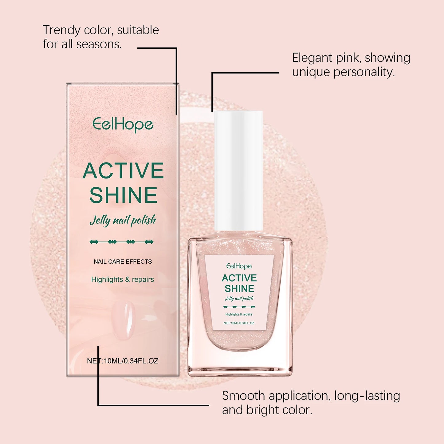 Jelly Nail Polish - Transparent Pink Water-Based Nail Polish, Autumn & Winter Shade, Skin-Whitening, Fine Glitter, Girly Pink