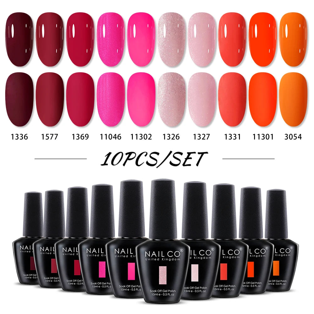 NAILCO 10PCS/Set Gel Nail Polish Gorgeous Full Coverage Semi Permanent Soak Off UV LED Gel Nail Art Base Top Coat Gel Polish Kit