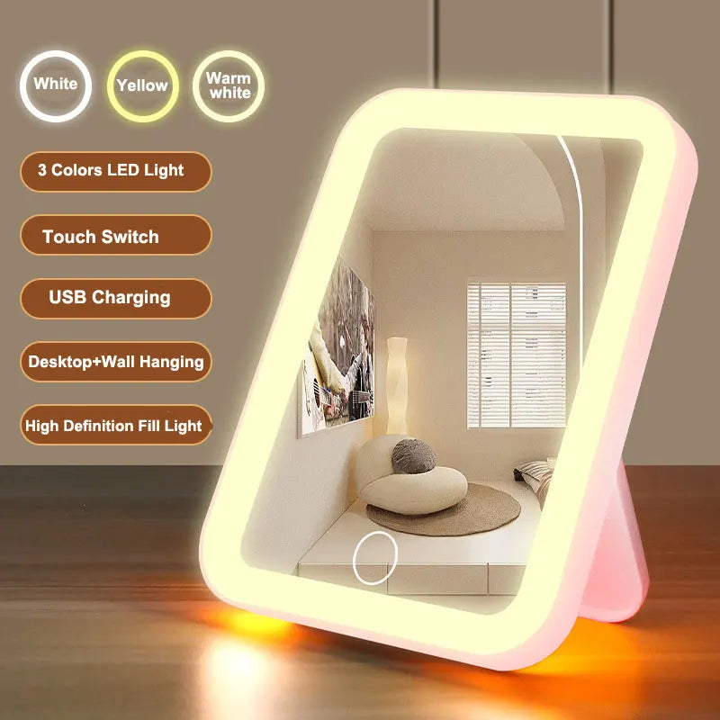 3 Colors LED Vanity Mirror with Touch Screen USB Rechargeable Dimming Makeup Mirror Portable