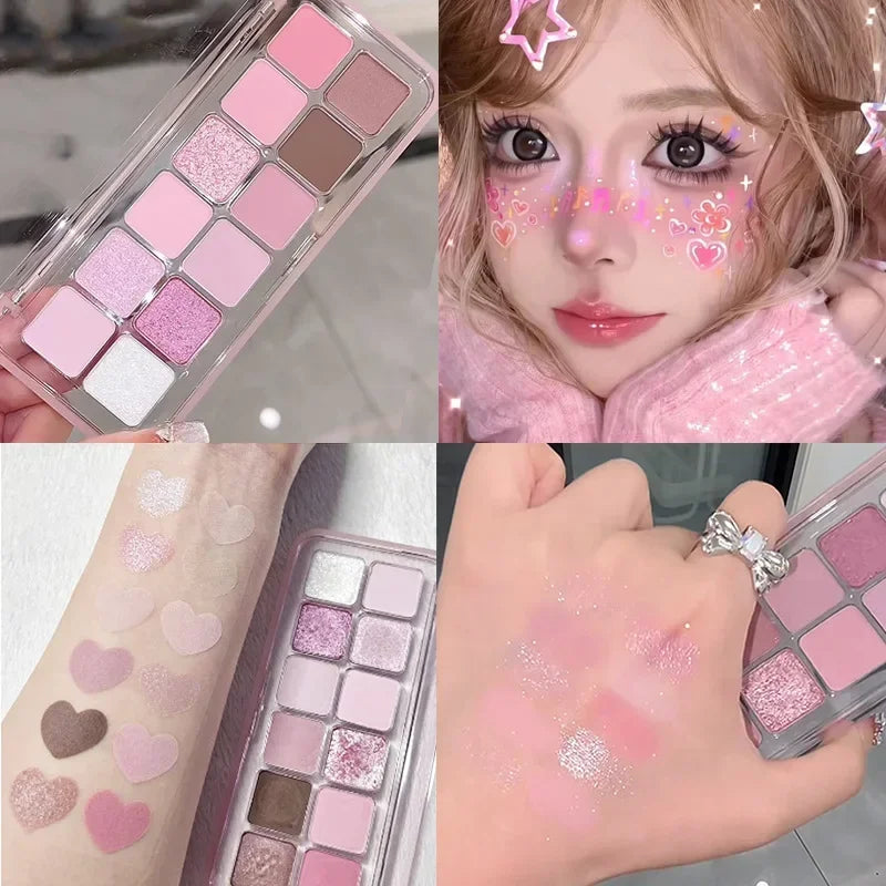 12 Colors Pink Eye Shadow Pallete Clear Glitter Pearl ,Girl Beginner Makeup Nude Eyeshadow Low Saturation Korean Cosmetics
