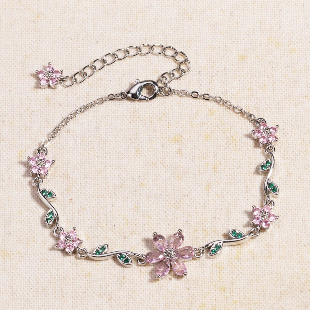 Luxury Pink Zircon Flower Bracelet For Women Girls Sweet Gold Color Crystal Adjustable Bracelet Jewelry Gift